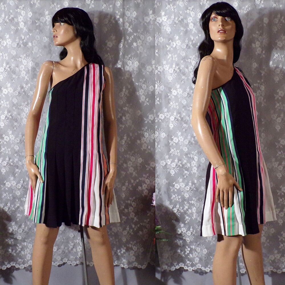 Diane von Furstenberg DVF One Shoulder Dress Size 2 Striped Pleated Mini Preppy